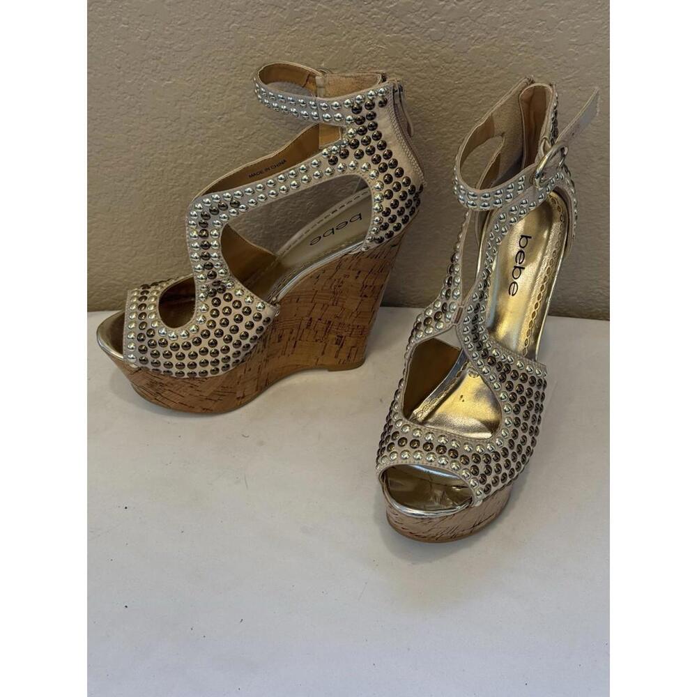 Bebe Studded Caitlyn Size 6‎ Gold Heel Sandal Wedges